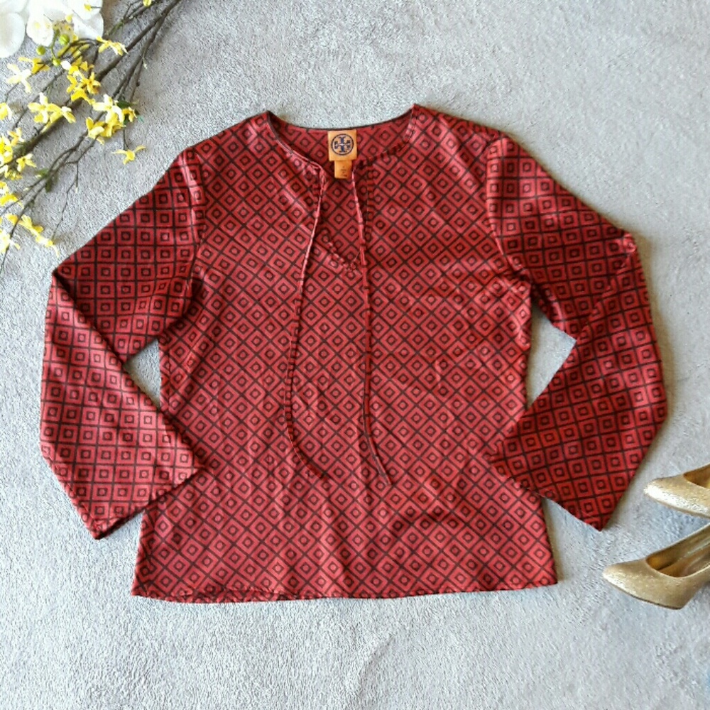 Tory Burch Red Diamond Patterned Silk Blouse Top